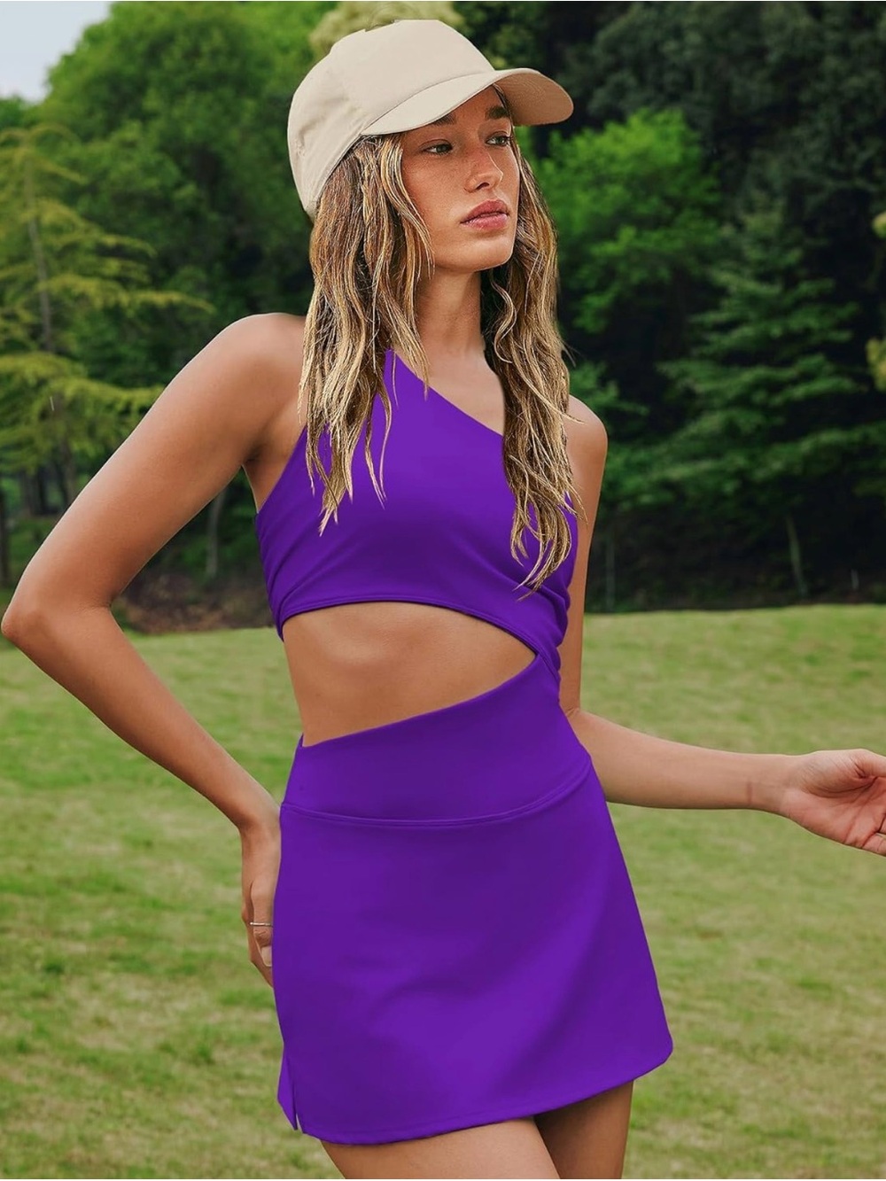 Asymmetrical Cutout Tennis Dress with Built in Shorts in Purple. Size Medium.